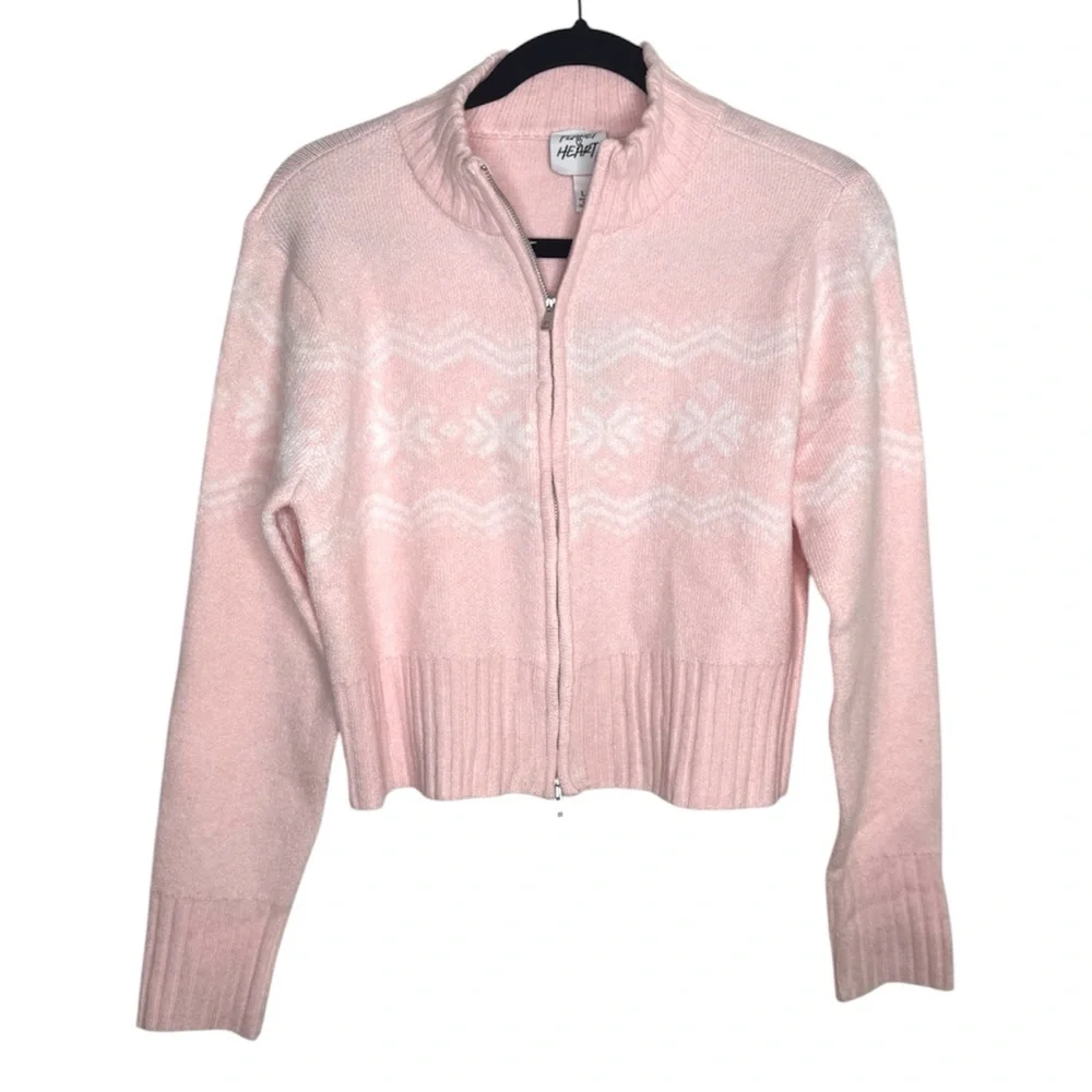 Planet Heart women's double zipper crop Fair isle light pink sweater girly cabin - Picture 2 of 9
